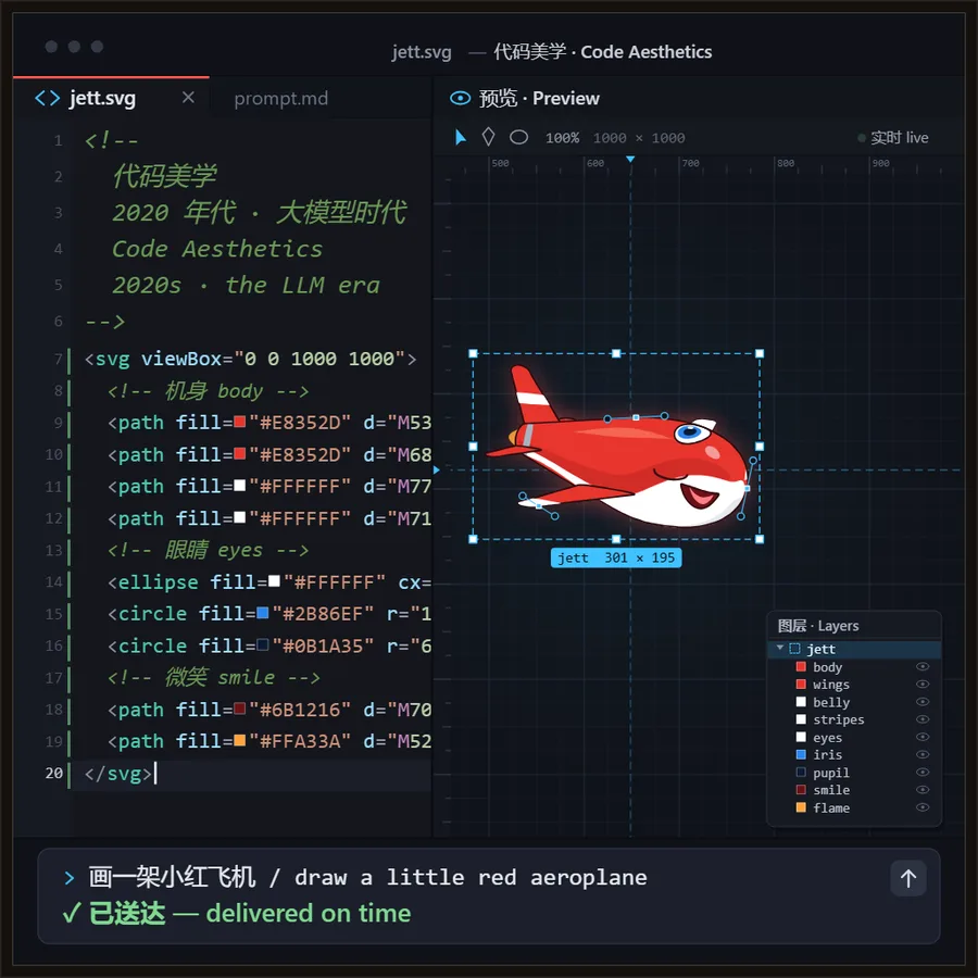 深色代码编辑器里，由 jett.svg 逐行画出的乐迪，状态栏显示已送达